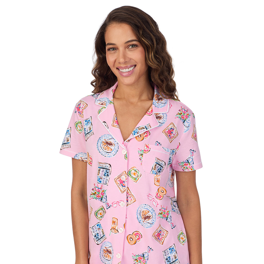 Pink Breakfast; Model is wearing size S. She is 5’9”, Bust 34”, Waist 23”, Hips 35”. @A lady wearing Cotton-Blend Short Sleeve Notch Collar 2-Pc Pajama Set