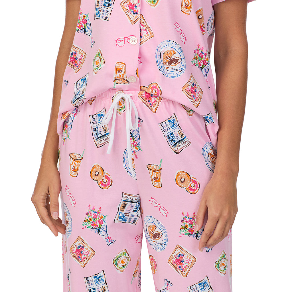 Pink Breakfast; Model is wearing size S. She is 5’9”, Bust 34”, Waist 23”, Hips 35”. @A lady wearing Cotton-Blend Short Sleeve Notch Collar 2-Pc Pajama Set
