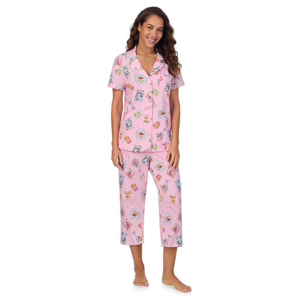 Pink Breakfast; Model is wearing size S. She is 5’9”, Bust 34”, Waist 23”, Hips 35”. @A lady wearing Cotton-Blend Short Sleeve Notch Collar 2-Pc Pajama Set