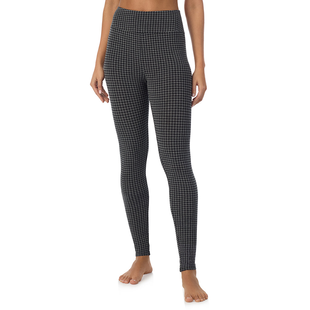 Charcoal Heather Houndstooth; Model is wearing size S. She is 5’9”, Bust 34”, Waist 23”, Hips 35”. @A lady wearing a charcoal heather houndsooth high waist legging.