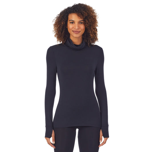 A lady wearingSoftwear With Stretch Long Sleeve Convertible Cowl with Black print