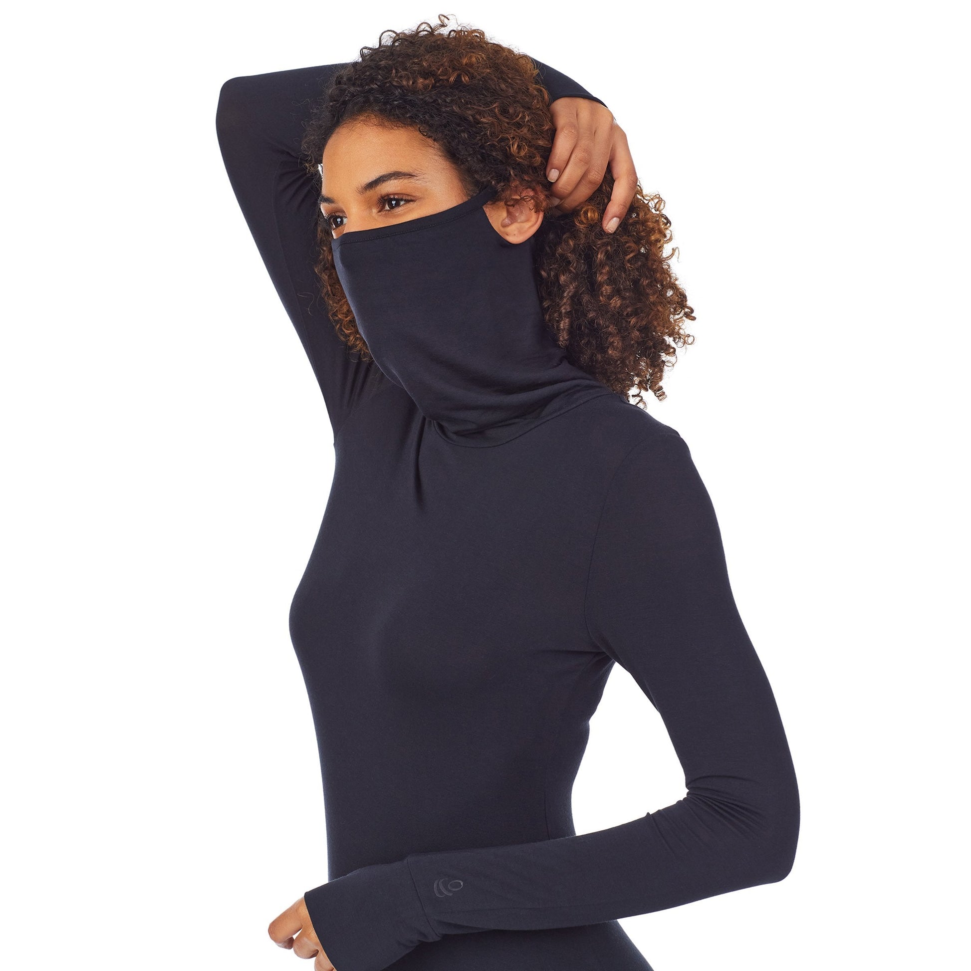 A lady wearingSoftwear With Stretch Long Sleeve Convertible Cowl with Black print