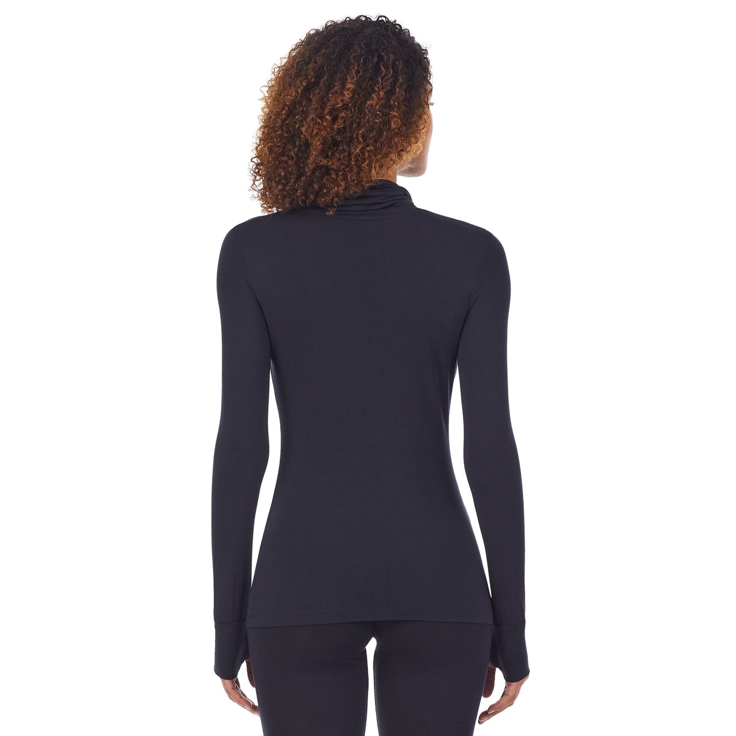 Black;Model is wearing size S. She is 5'9", Bust 34", Waist 26", Hips 36".@ A lady wearingSoftwear With Stretch Long Sleeve Convertible Cowl with Black print