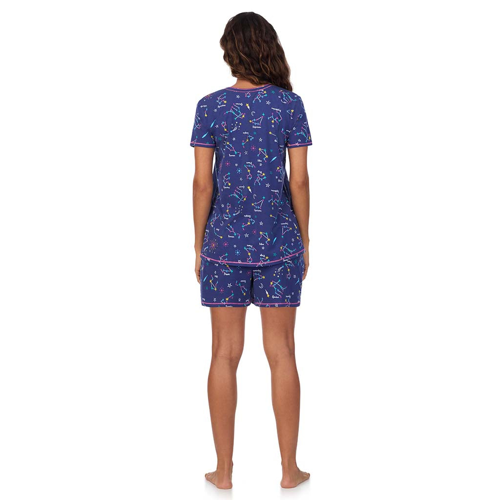 Blue Zodiac;Model is wearing size S. She is 5’9”, Bust 34”, Waist 23”, Hips 35”.@A lady wearing Cotton-Blend Short Sleeve V-Neck Top with Short Pajama Set