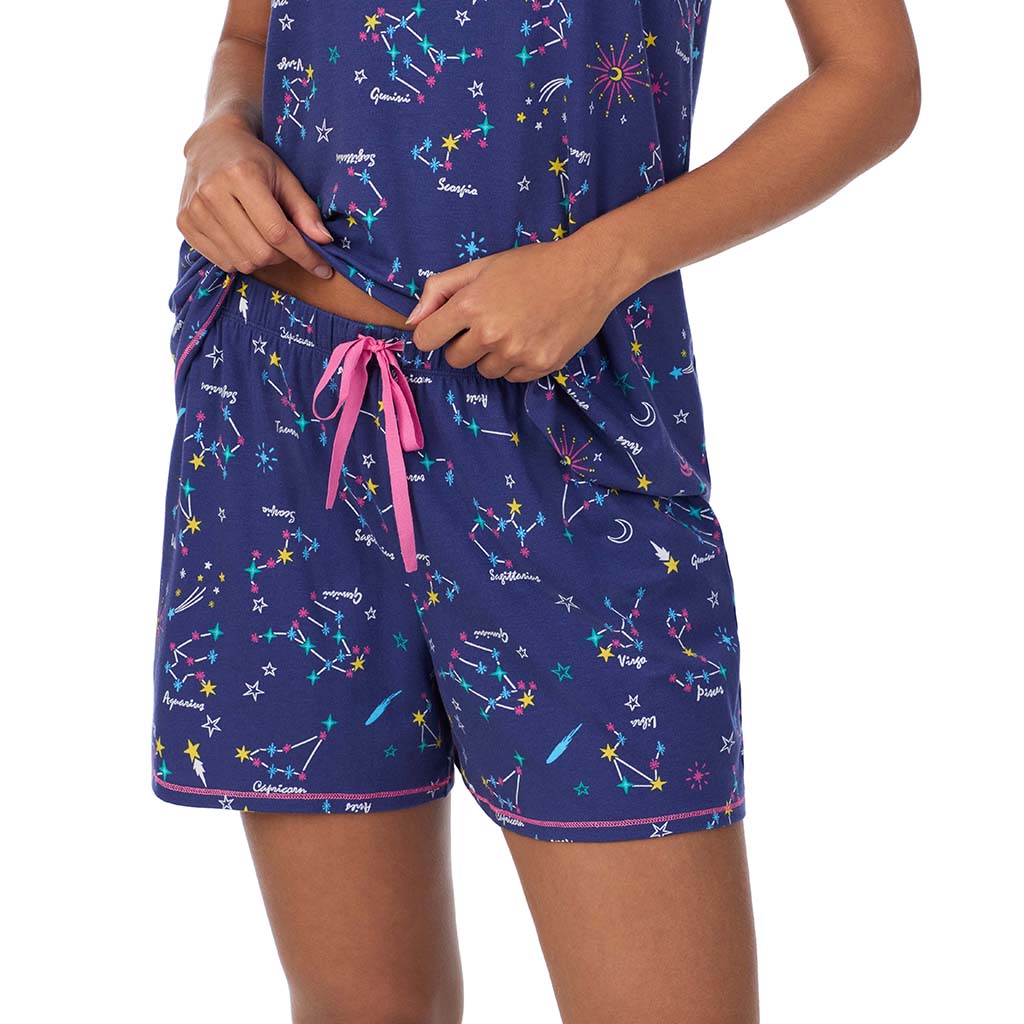 Blue Zodiac;Model is wearing size S. She is 5’9”, Bust 34”, Waist 23”, Hips 35”.@A lady wearing Cotton-Blend Short Sleeve V-Neck Top with Short Pajama Set