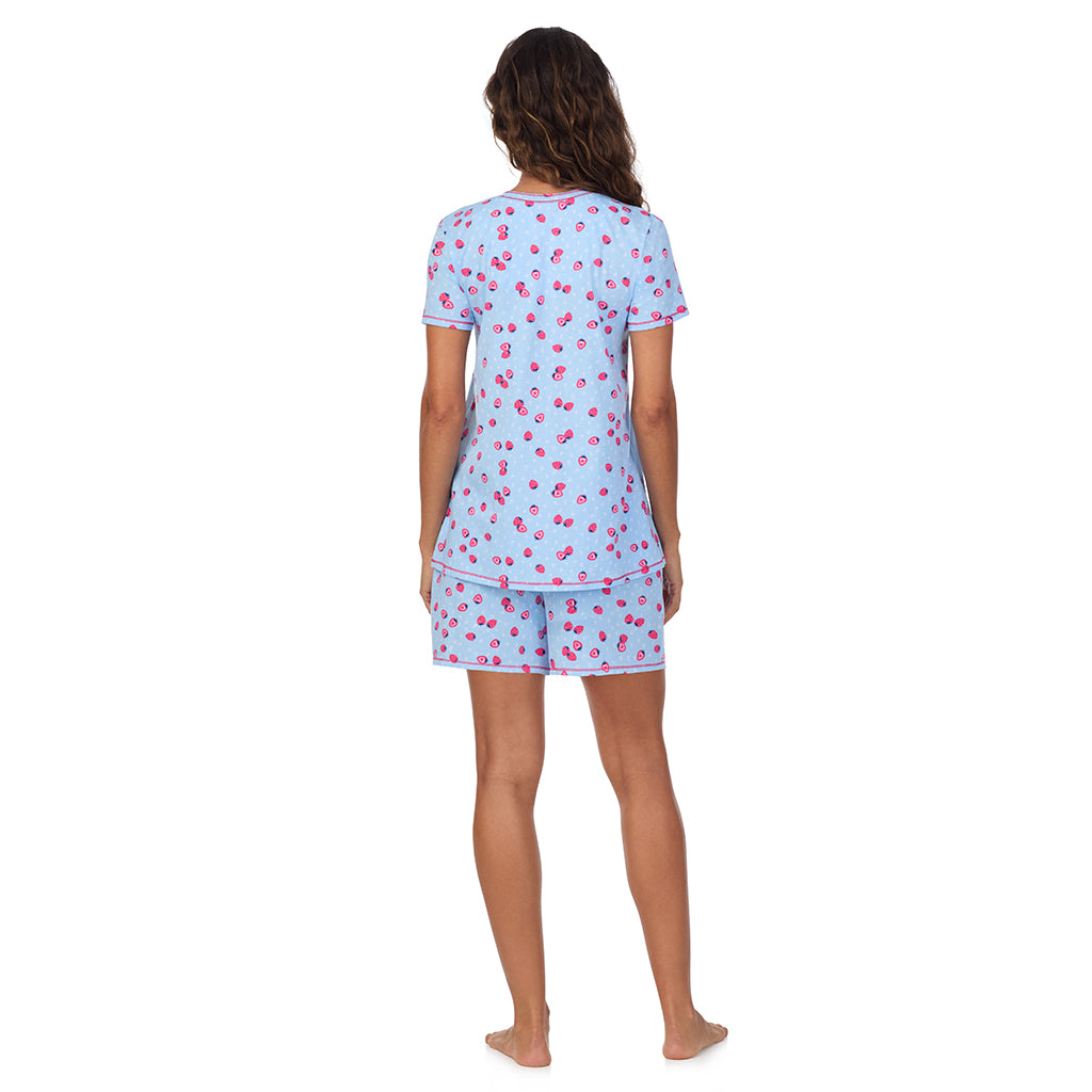Strawberry;Model is wearing size S. She is 5’9”, Bust 34”, Waist 23”, Hips 35”.@A lady wearing Cotton-Blend Short Sleeve V-Neck Top with Short Pajama Set