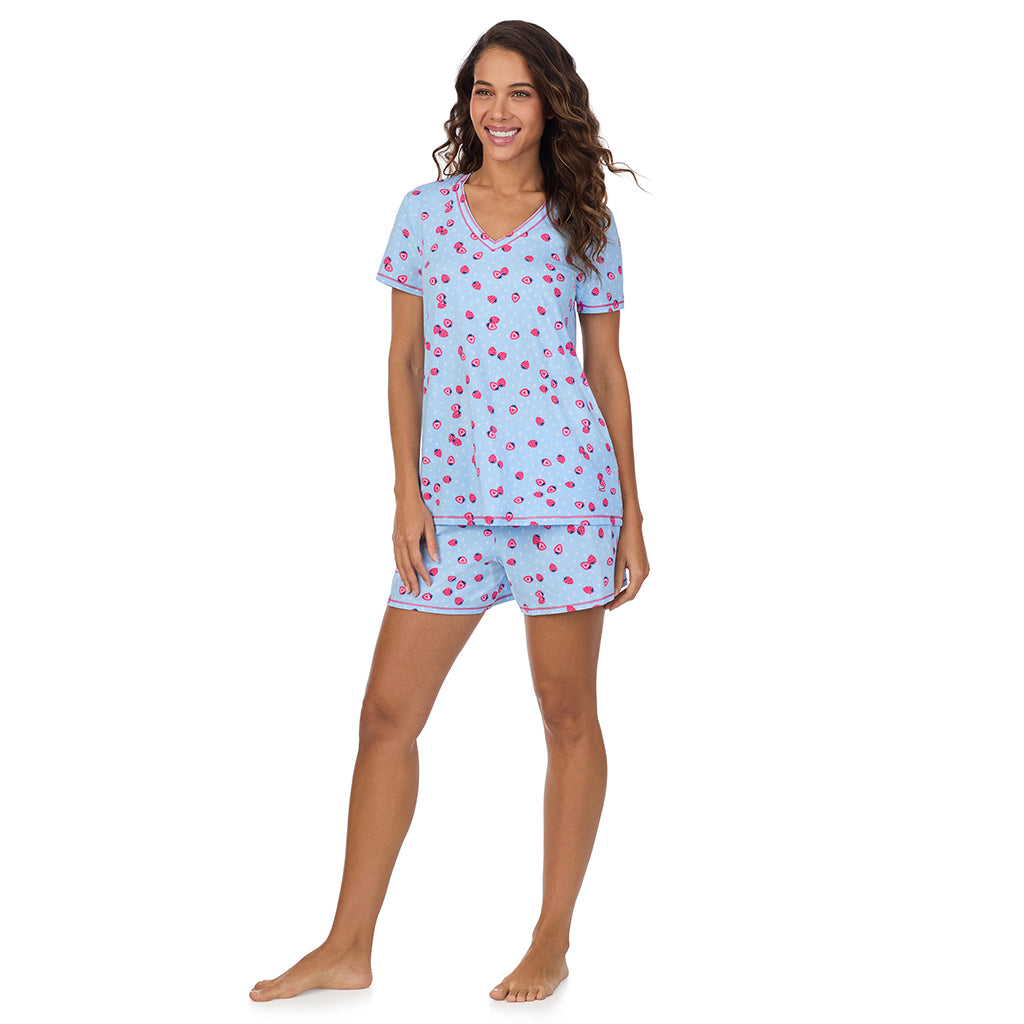 Strawberry;Model is wearing size S. She is 5’9”, Bust 34”, Waist 23”, Hips 35”.@A lady wearing Cotton-Blend Short Sleeve V-Neck Top with Short Pajama Set
