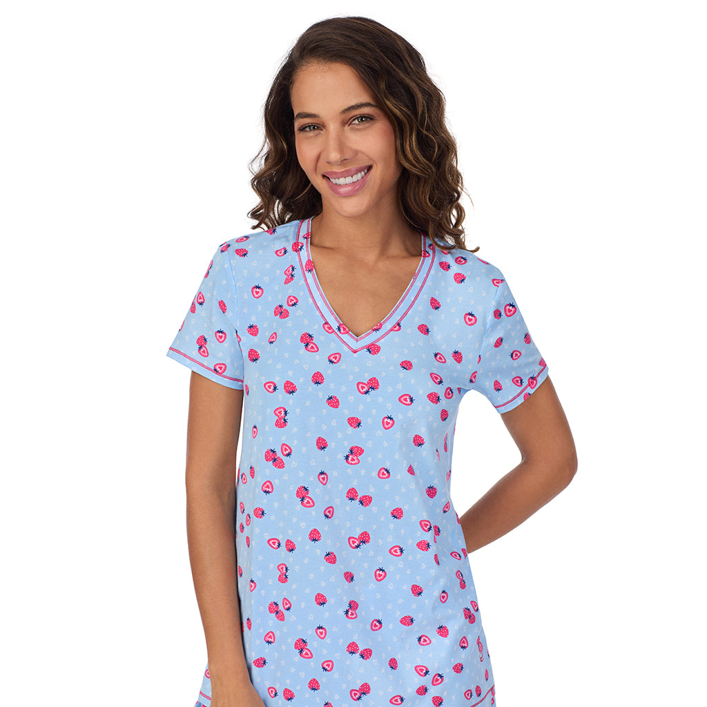Strawberry;Model is wearing size S. She is 5’9”, Bust 34”, Waist 23”, Hips 35”.@A lady wearing Cotton-Blend Short Sleeve V-Neck Top with Short Pajama Set