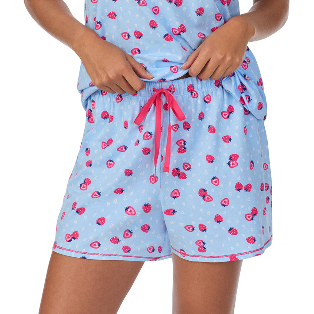 Strawberry;Model is wearing size S. She is 5’9”, Bust 34”, Waist 23”, Hips 35”.@A lady wearing Cotton-Blend Short Sleeve V-Neck Top with Short Pajama Set
