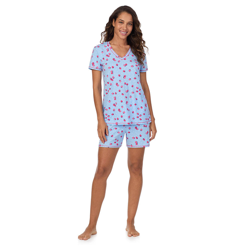 Strawberry;Model is wearing size S. She is 5’9”, Bust 34”, Waist 23”, Hips 35”.@A lady wearing Cotton-Blend Short Sleeve V-Neck Top with Short Pajama Set