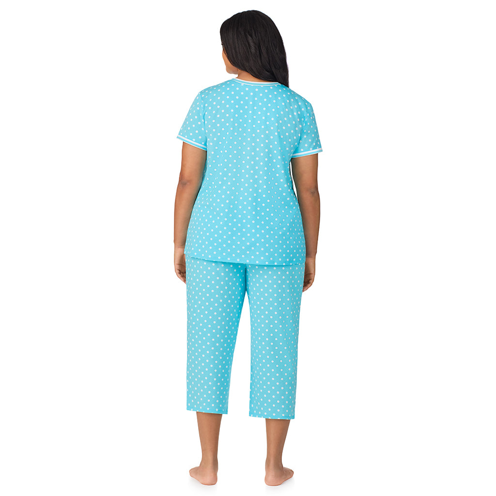 Aqua Dots; Model is wearing size 1X. She is 5'11", Bust 36", Waist 36.5", Hips 47.5". @A lady wearing Cotton-Blend Short Sleeve Top with Cropped Pant 2-Pc Pajama Set PLUS
