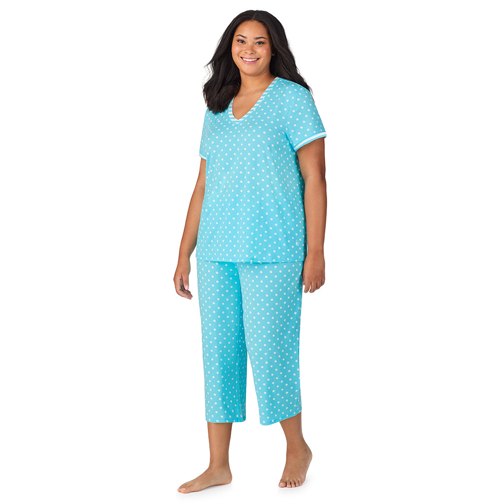 Aqua Dots; Model is wearing size 1X. She is 5'11", Bust 36", Waist 36.5", Hips 47.5". @A lady wearing Cotton-Blend Short Sleeve Top with Cropped Pant 2-Pc Pajama Set PLUS