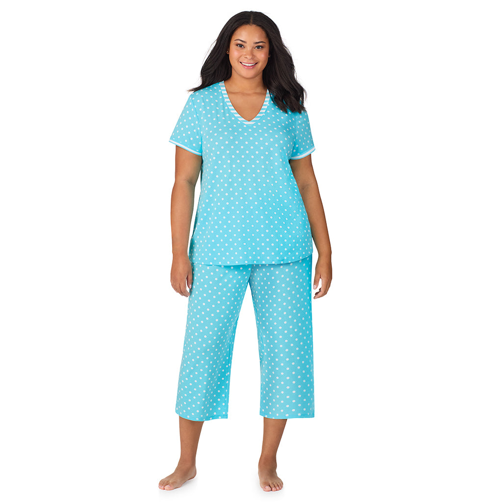 Aqua Dots; Model is wearing size 1X. She is 5'11", Bust 36", Waist 36.5", Hips 47.5". @A lady wearing Cotton-Blend Short Sleeve Top with Cropped Pant 2-Pc Pajama Set PLUS