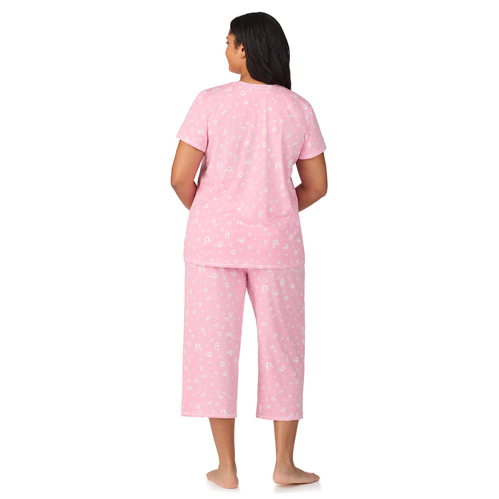 Pink Daisy; Model is wearing size 1X. She is 5'11", Bust 36", Waist 36.5", Hips 47.5". @A lady wearing Cotton-Blend Short Sleeve Top with Cropped Pant 2-Pc Pajama Set PLUS