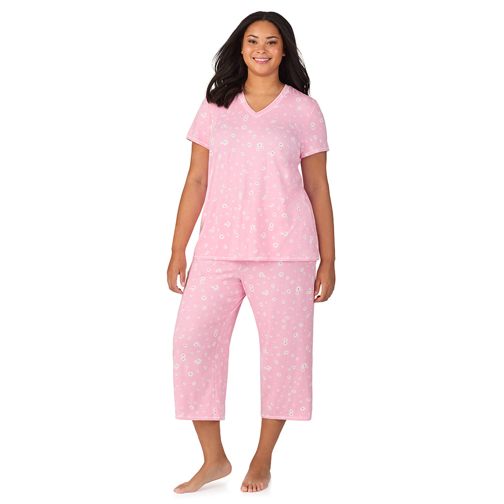 Pink Daisy; Model is wearing size 1X. She is 5'11", Bust 36", Waist 36.5", Hips 47.5". @A lady wearing Cotton-Blend Short Sleeve Top with Cropped Pant 2-Pc Pajama Set PLUS
