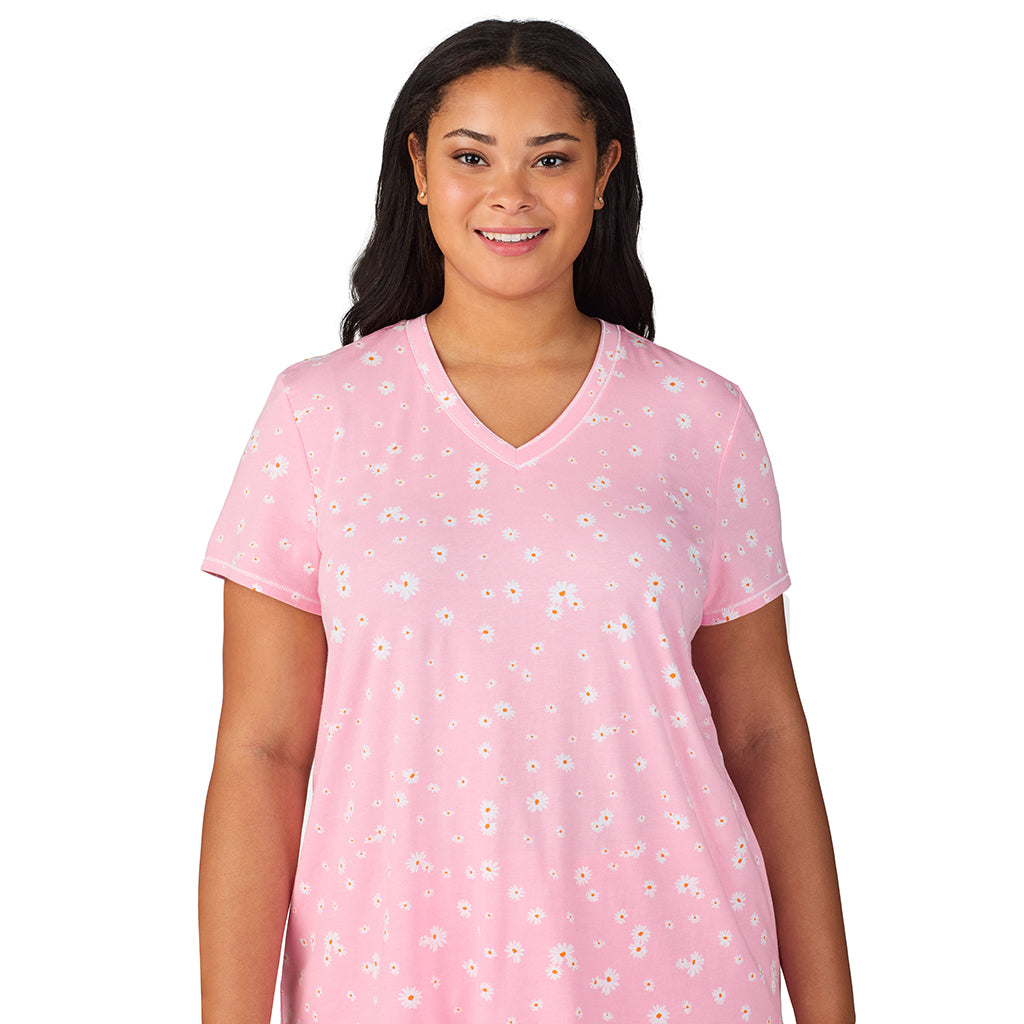 Pink Daisy; Model is wearing size 1X. She is 5'11", Bust 36", Waist 36.5", Hips 47.5". @A lady wearing Cotton-Blend Short Sleeve Top with Cropped Pant 2-Pc Pajama Set PLUS
