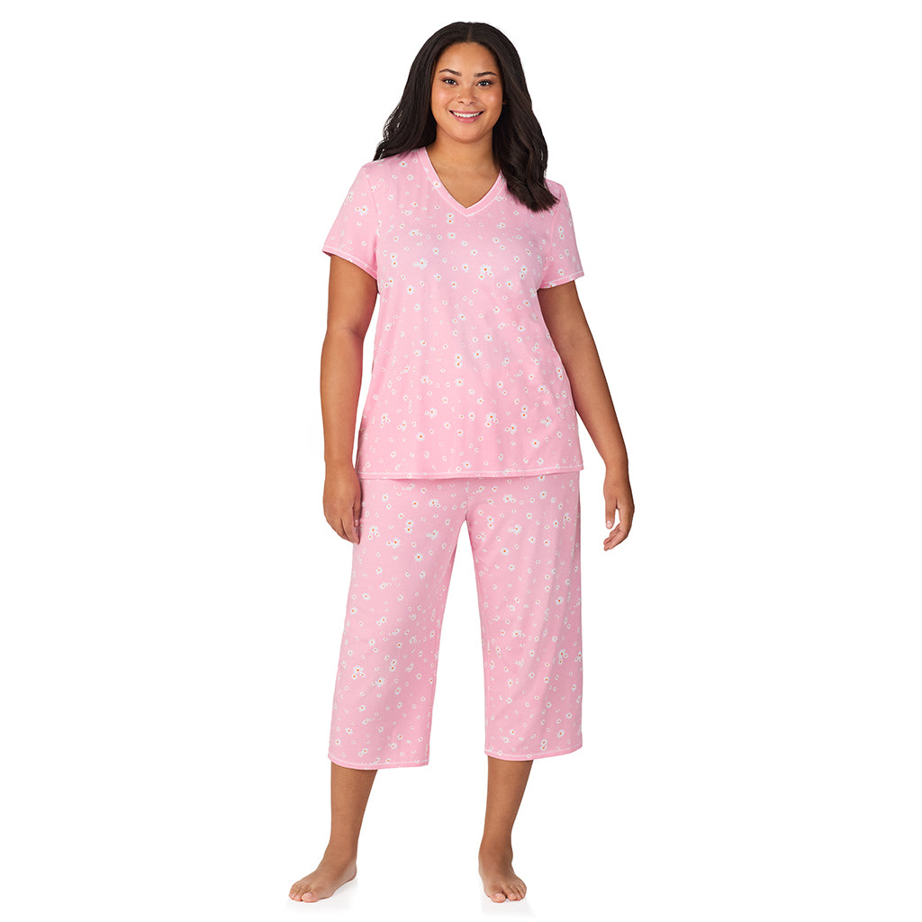 Pink Daisy; Model is wearing size 1X. She is 5'11", Bust 36", Waist 36.5", Hips 47.5". @A lady wearing Cotton-Blend Short Sleeve Top with Cropped Pant 2-Pc Pajama Set PLUS