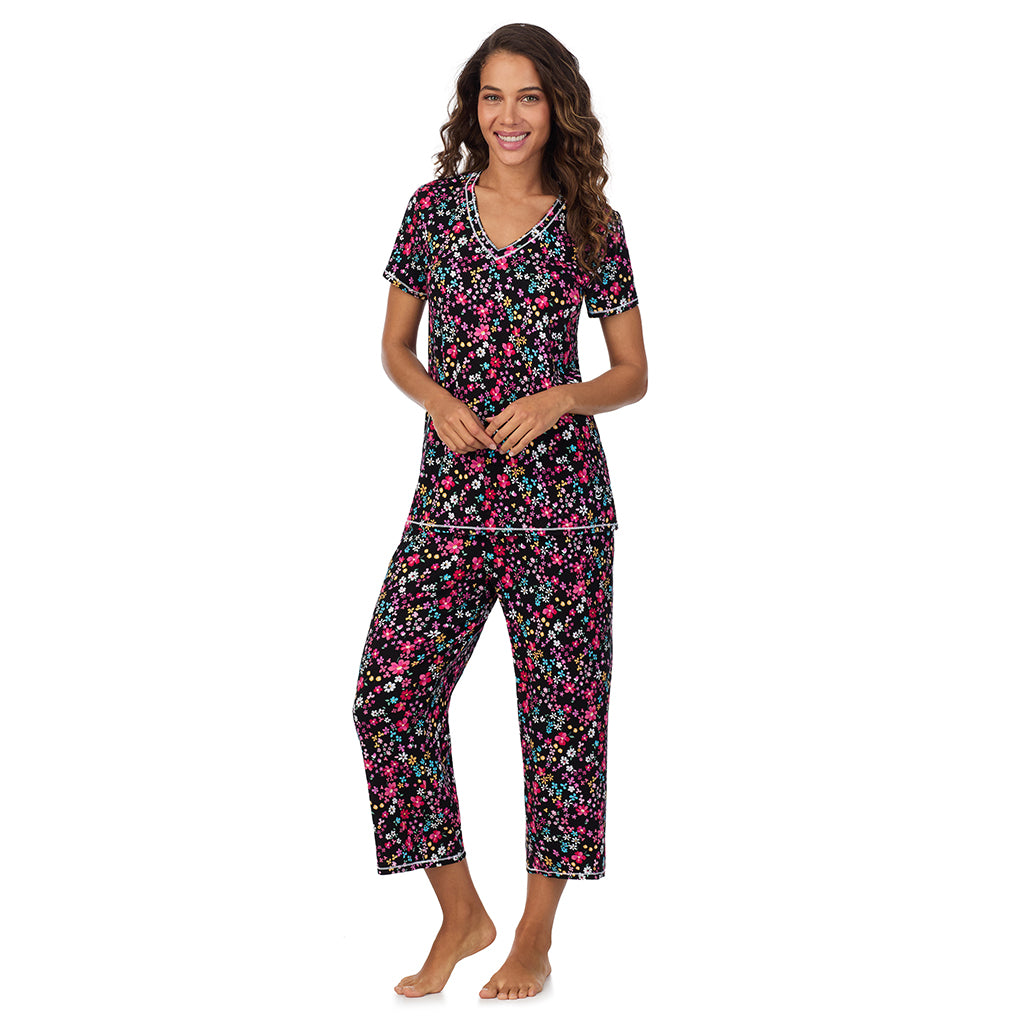 Black Ditsy; Model is wearing size S. She is 5’9”, Bust 34”, Waist 23”, Hips 35”.@A lady wearing Cotton-Blend Short Sleeve Top with Cropped Pant 2-Pc Pajama Set