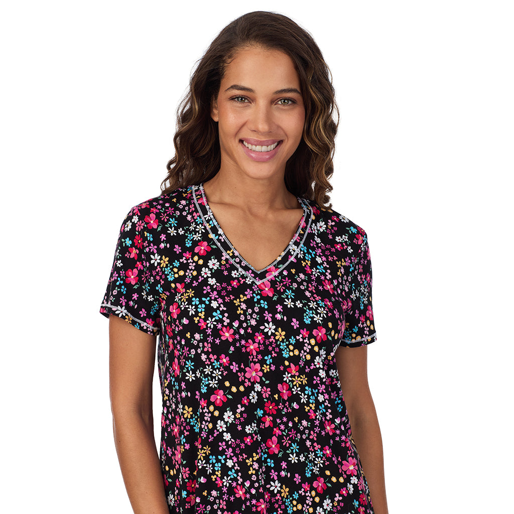 Black Ditsy; Model is wearing size S. She is 5’9”, Bust 34”, Waist 23”, Hips 35”. @A lady wearing Cotton-Blend Short Sleeve Top with Cropped Pant 2-Pc Pajama Set