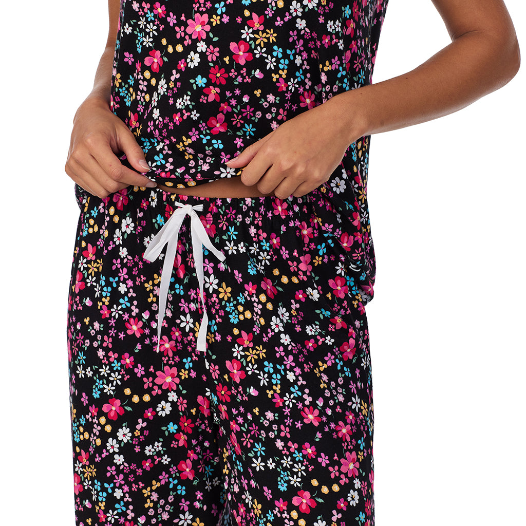 Black Ditsy; Model is wearing size S. She is 5’9”, Bust 34”, Waist 23”, Hips 35”. @A lady wearing Cotton-Blend Short Sleeve Top with Cropped Pant 2-Pc Pajama Set