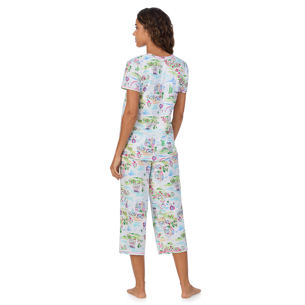 Spring Scene; Model is wearing size S. She is 5’9”, Bust 34”, Waist 23”, Hips 35”. @A lady wearing Cotton-Blend Short Sleeve Top with Cropped Pant 2-Pc Pajama Set