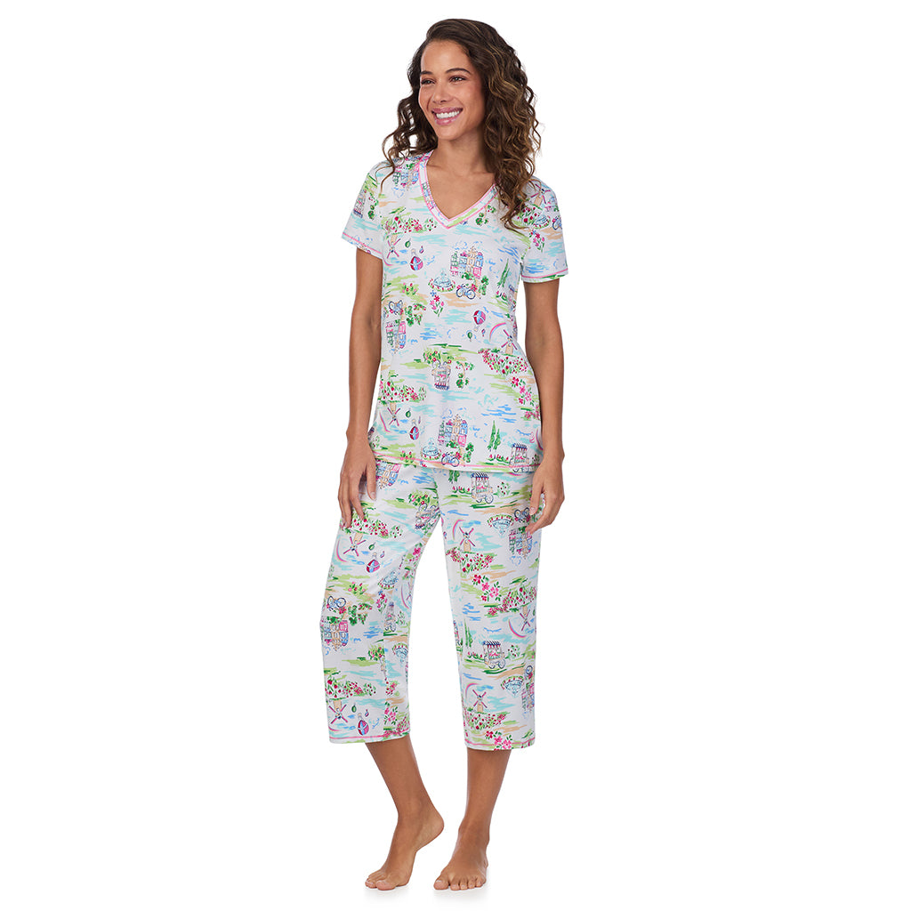Spring Scene; Model is wearing size S. She is 5’9”, Bust 34”, Waist 23”, Hips 35”. @A lady wearing Cotton-Blend Short Sleeve Top with Cropped Pant 2-Pc Pajama Set