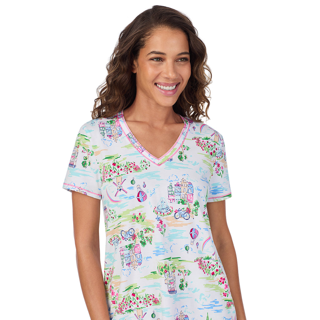 Spring Scene; Model is wearing size S. She is 5’9”, Bust 34”, Waist 23”, Hips 35”. @A lady wearing Cotton-Blend Short Sleeve Top with Cropped Pant 2-Pc Pajama Set