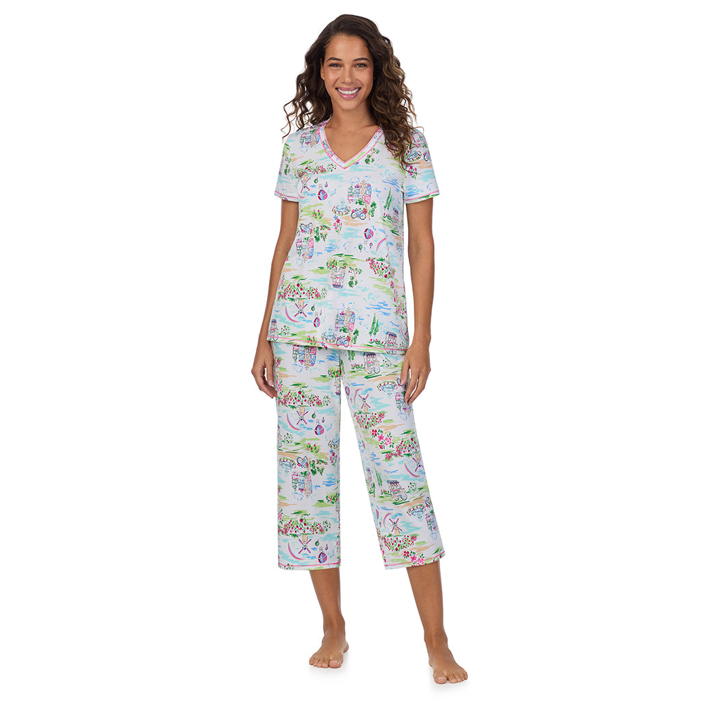 Spring Scene; Model is wearing size S. She is 5’9”, Bust 34”, Waist 23”, Hips 35”. @A lady wearing Cotton-Blend Short Sleeve Top with Cropped Pant 2-Pc Pajama Set