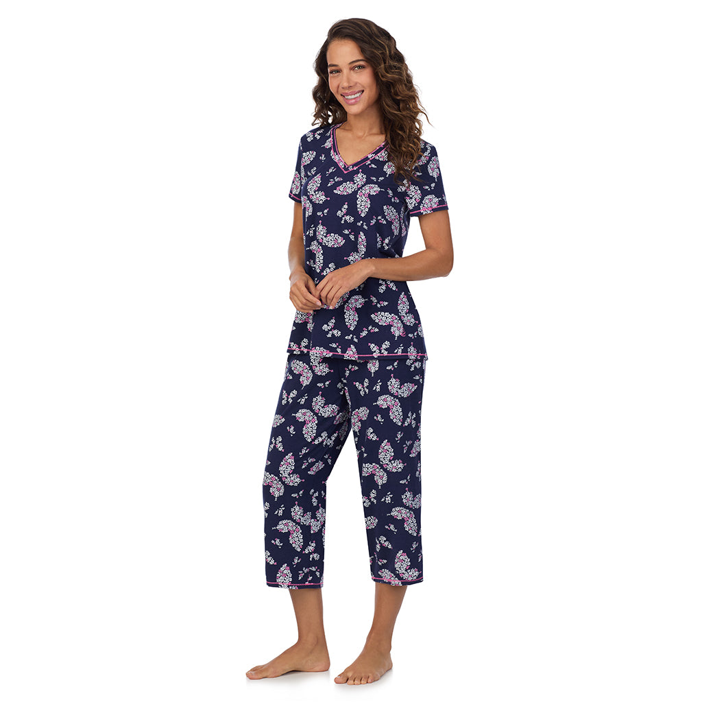 Navy Butterfly Floral; Model is wearing size S. She is 5’9”, Bust 34”, Waist 23”, Hips 35”. @A lady wearing Cotton-Blend Short Sleeve Top with Cropped Pant 2-Pc Pajama Set