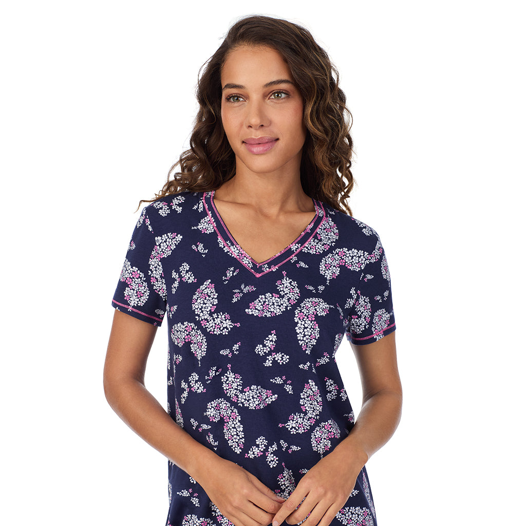 Navy Butterfly Floral; Model is wearing size S. She is 5’9”, Bust 34”, Waist 23”, Hips 35”. @A lady wearing Cotton-Blend Short Sleeve Top with Cropped Pant 2-Pc Pajama Set