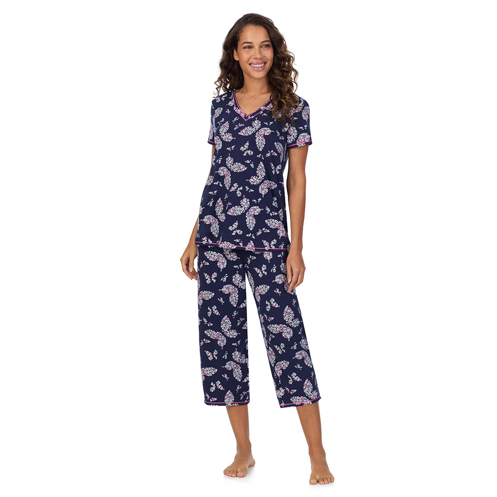 Navy Butterfly Floral; Model is wearing size S. She is 5’9”, Bust 34”, Waist 23”, Hips 35”. @A lady wearing Cotton-Blend Short Sleeve Top with Cropped Pant 2-Pc Pajama Set