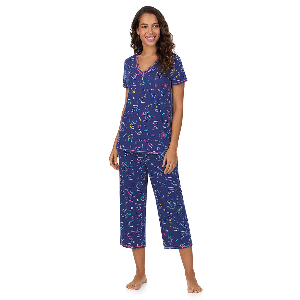 Blue Zodiac; Model is wearing size S. She is 5’9”, Bust 34”, Waist 23”, Hips 35”. @A lady wearing Cotton-Blend Short Sleeve Top with Cropped Pant 2-Pc Pajama Set