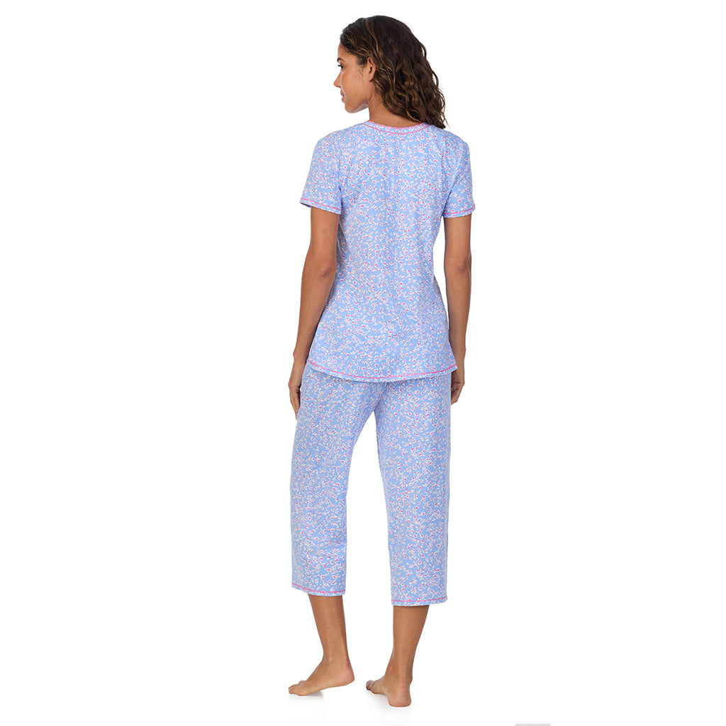 Peri Animal; Model is wearing size S. She is 5’9”, Bust 34”, Waist 23”, Hips 35”. @A lady wearing Cotton-Blend Short Sleeve Top with Cropped Pant 2-Pc Pajama Set