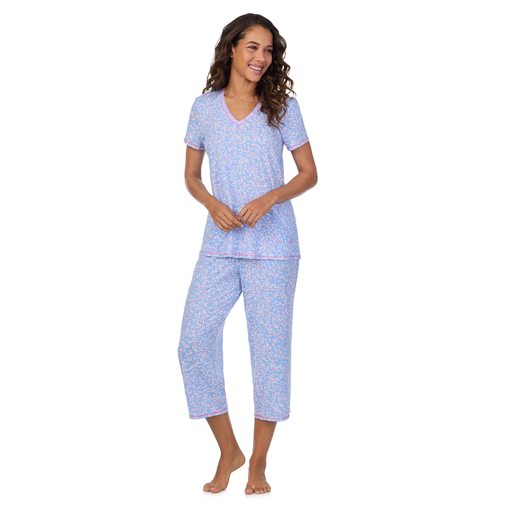 Peri Animal; Model is wearing size S. She is 5’9”, Bust 34”, Waist 23”, Hips 35”. @A lady wearing Cotton-Blend Short Sleeve Top with Cropped Pant 2-Pc Pajama Set