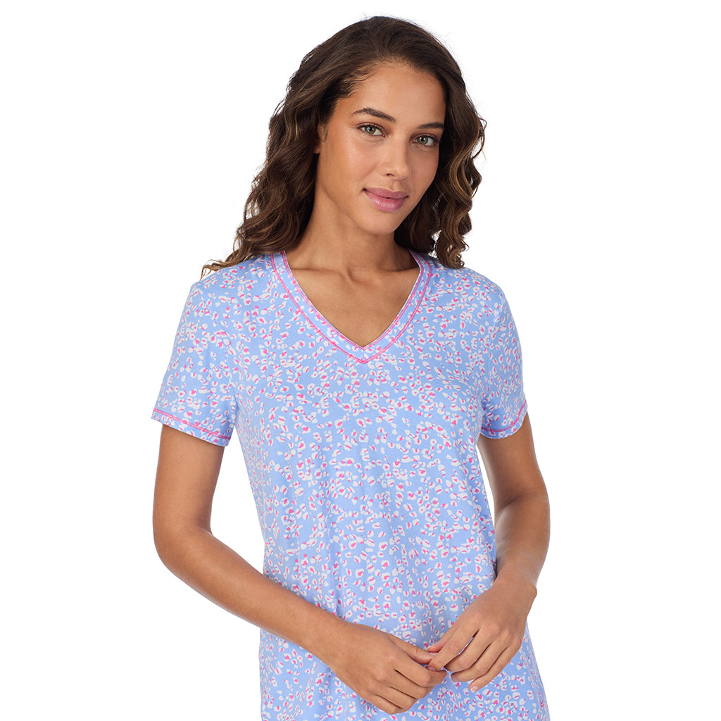 Peri Animal; Model is wearing size S. She is 5’9”, Bust 34”, Waist 23”, Hips 35”. @A lady wearing Cotton-Blend Short Sleeve Top with Cropped Pant 2-Pc Pajama Set