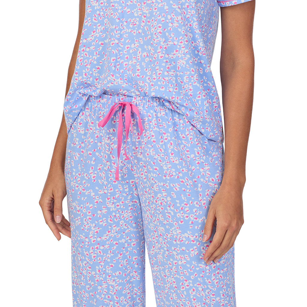 Peri Animal; Model is wearing size S. She is 5’9”, Bust 34”, Waist 23”, Hips 35”. @A lady wearing Cotton-Blend Short Sleeve Top with Cropped Pant 2-Pc Pajama Set