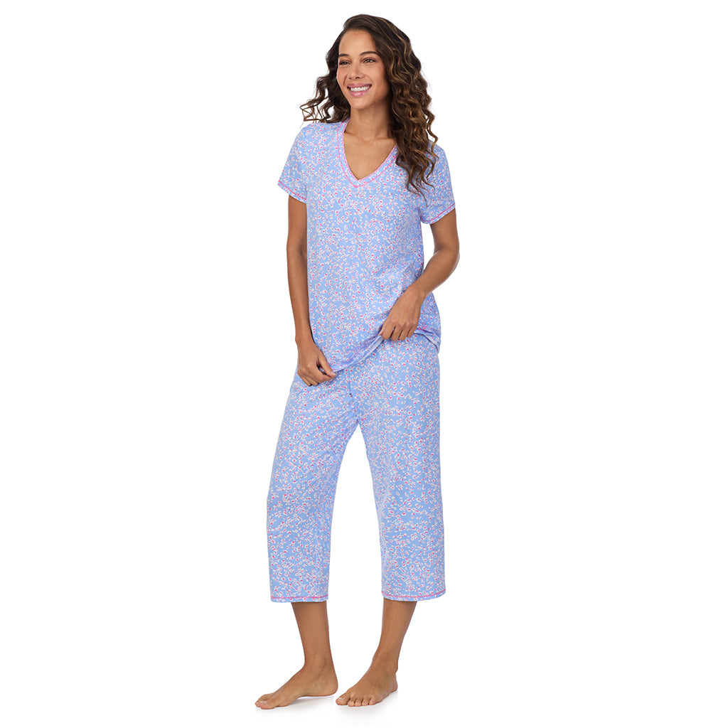 Peri Animal; Model is wearing size S. She is 5’9”, Bust 34”, Waist 23”, Hips 35”. @A lady wearing Cotton-Blend Short Sleeve Top with Cropped Pant 2-Pc Pajama Set