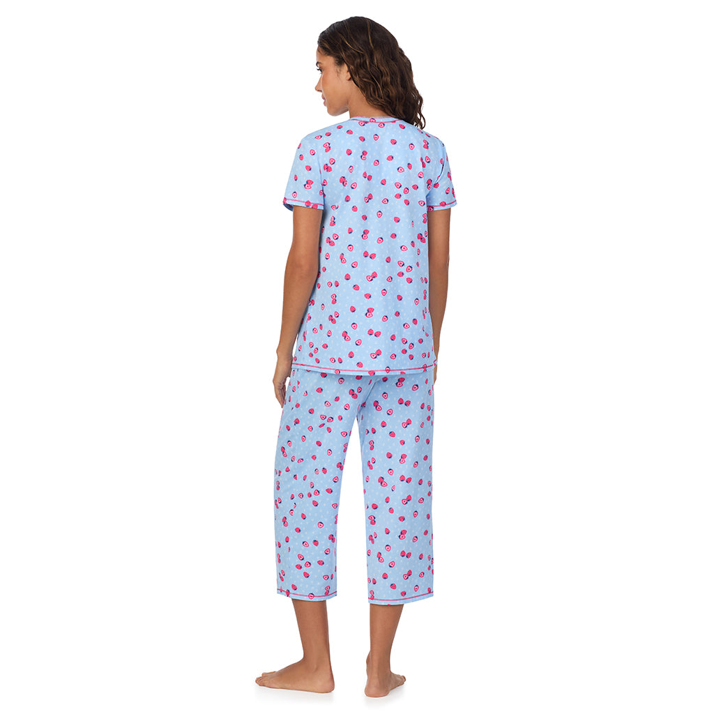 Strawberry; Model is wearing size S. She is 5’9”, Bust 34”, Waist 23”, Hips 35”. @A lady wearing Cotton-Blend Short Sleeve Top with Cropped Pant 2-Pc Pajama Set