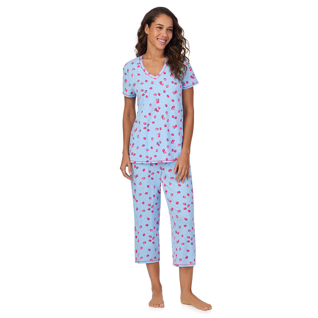 Strawberry; Model is wearing size S. She is 5’9”, Bust 34”, Waist 23”, Hips 35”. @A lady wearing Cotton-Blend Short Sleeve Top with Cropped Pant 2-Pc Pajama Set