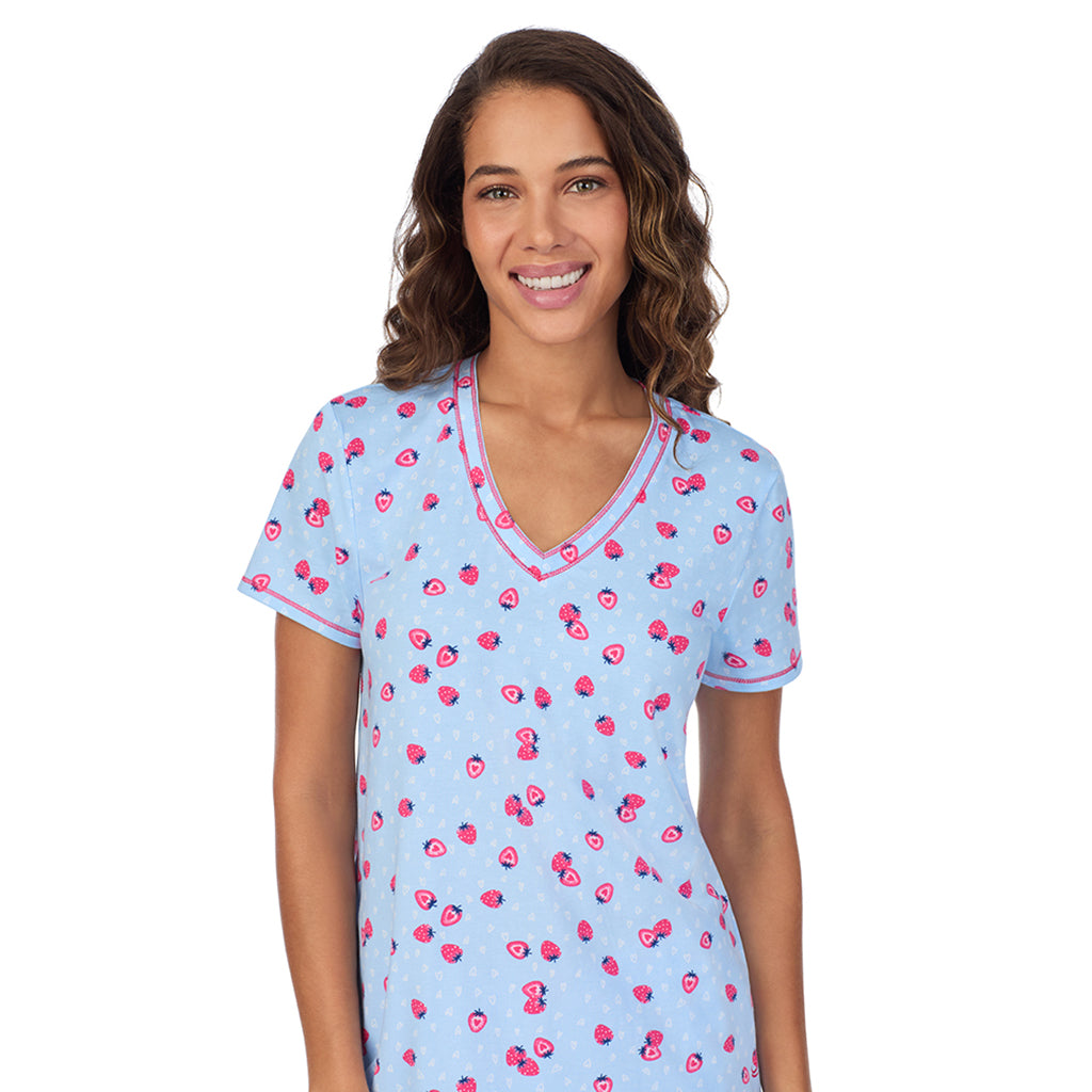Strawberry; Model is wearing size S. She is 5’9”, Bust 34”, Waist 23”, Hips 35”. @A lady wearing Cotton-Blend Short Sleeve Top with Cropped Pant 2-Pc Pajama Set