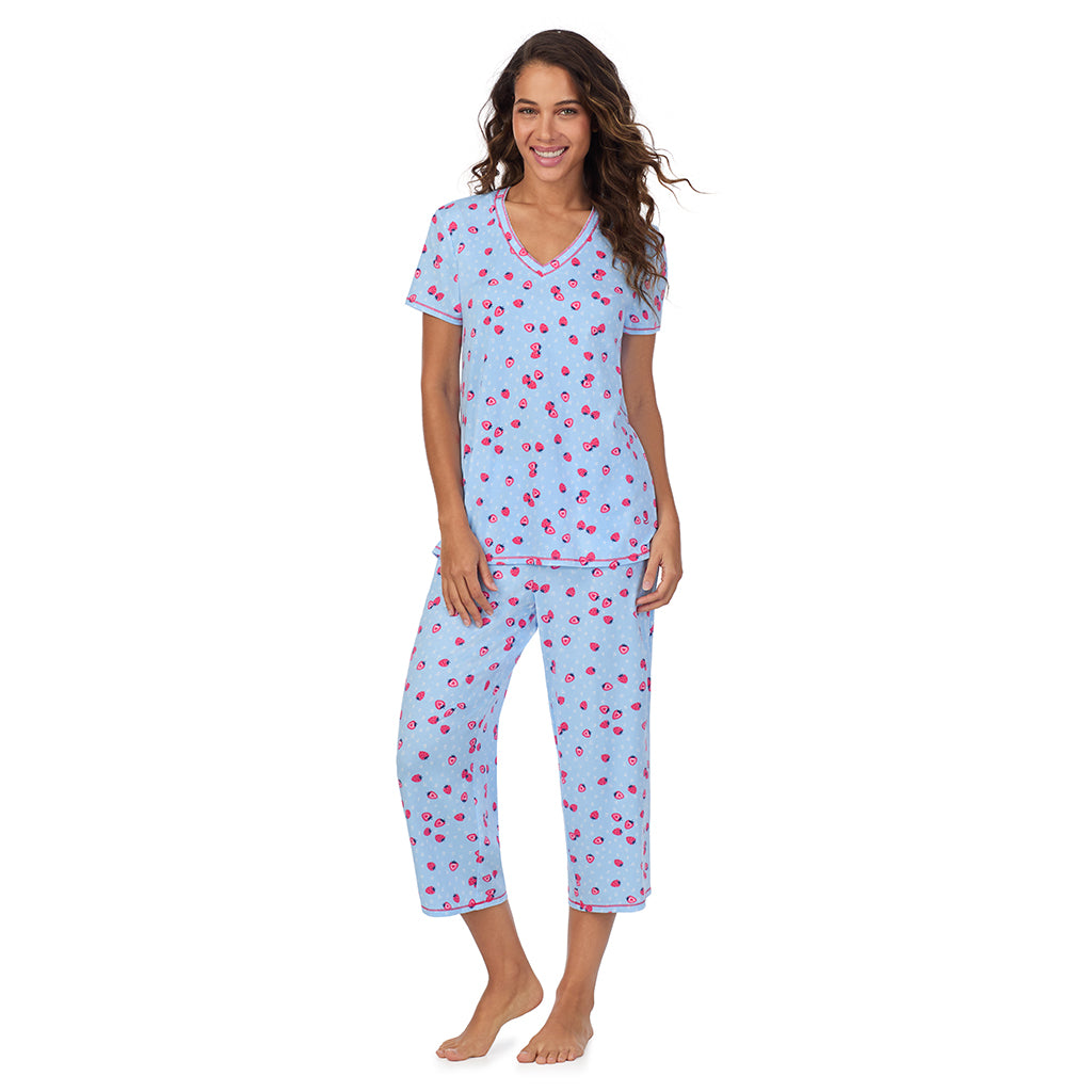 Strawberry; Model is wearing size S. She is 5’9”, Bust 34”, Waist 23”, Hips 35”. @A lady wearing Cotton-Blend Short Sleeve Top with Cropped Pant 2-Pc Pajama Set