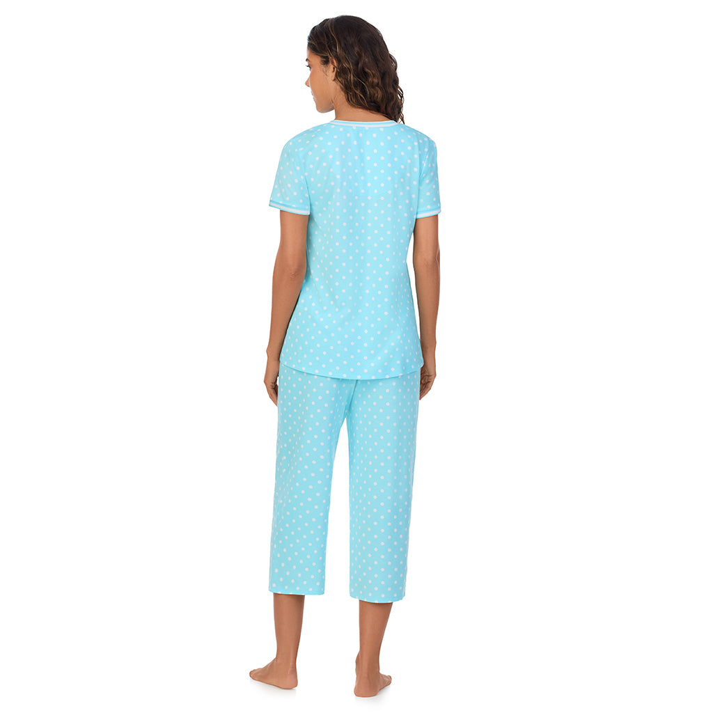 Aqua Dots; Model is wearing size S. She is 5’9”, Bust 34”, Waist 23”, Hips 35”. @A lady wearing Cotton-Blend Short Sleeve Top with Cropped Pant 2-Pc Pajama Set