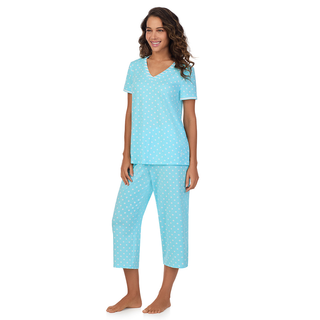 Aqua Dots; Model is wearing size S. She is 5’9”, Bust 34”, Waist 23”, Hips 35”. @A lady wearing Cotton-Blend Short Sleeve Top with Cropped Pant 2-Pc Pajama Set