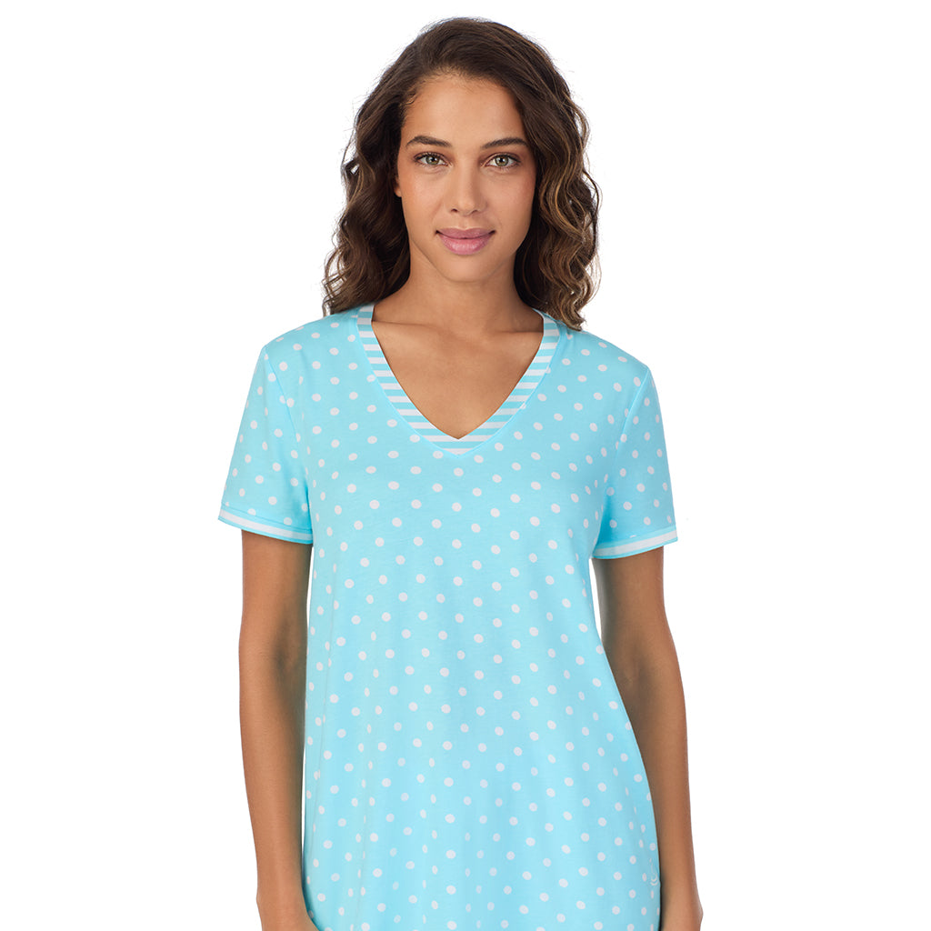 Aqua Dots; Model is wearing size S. She is 5’9”, Bust 34”, Waist 23”, Hips 35”. @A lady wearing Cotton-Blend Short Sleeve Top with Cropped Pant 2-Pc Pajama Set