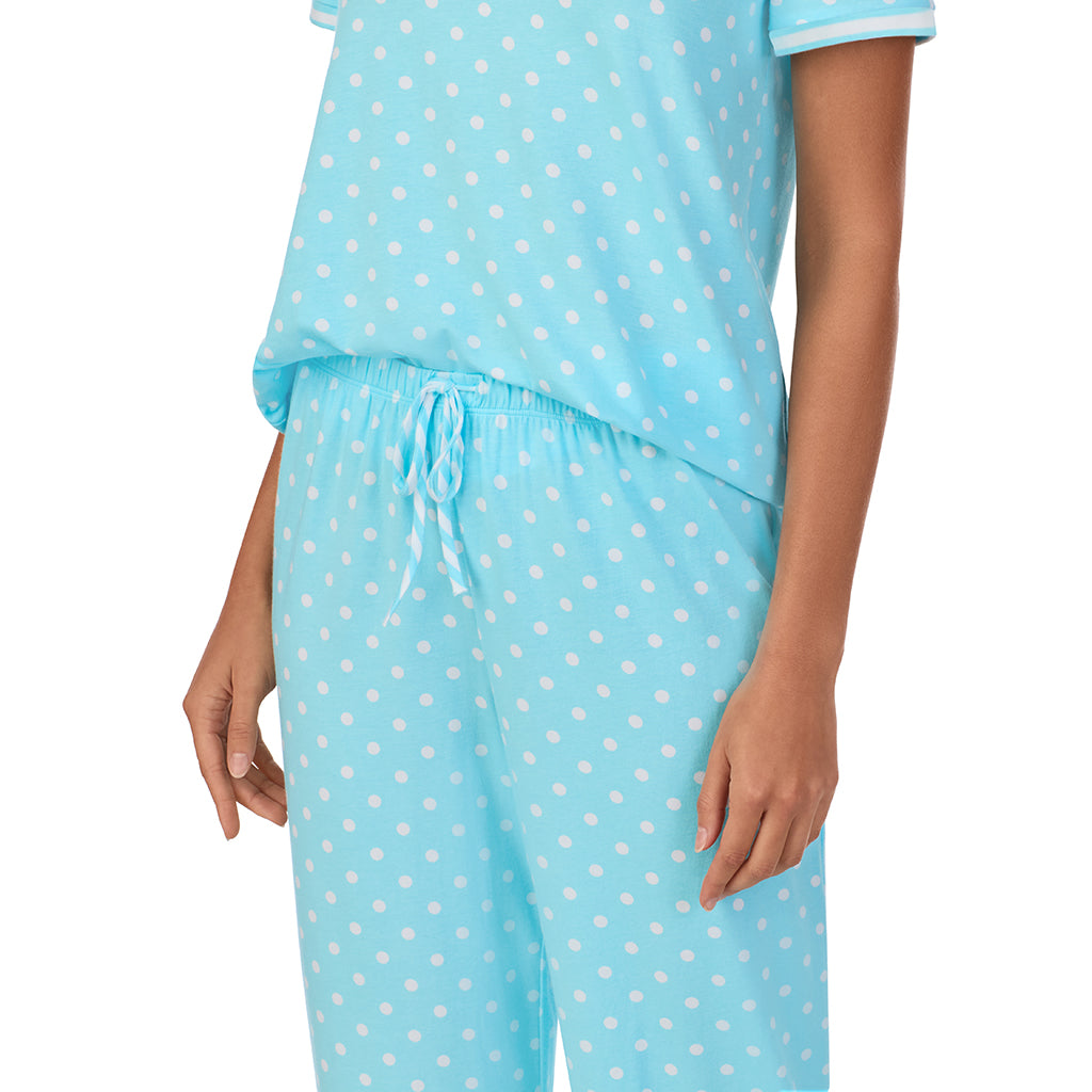Aqua Dots; Model is wearing size S. She is 5’9”, Bust 34”, Waist 23”, Hips 35”. @A lady wearing Cotton-Blend Short Sleeve Top with Cropped Pant 2-Pc Pajama Set
