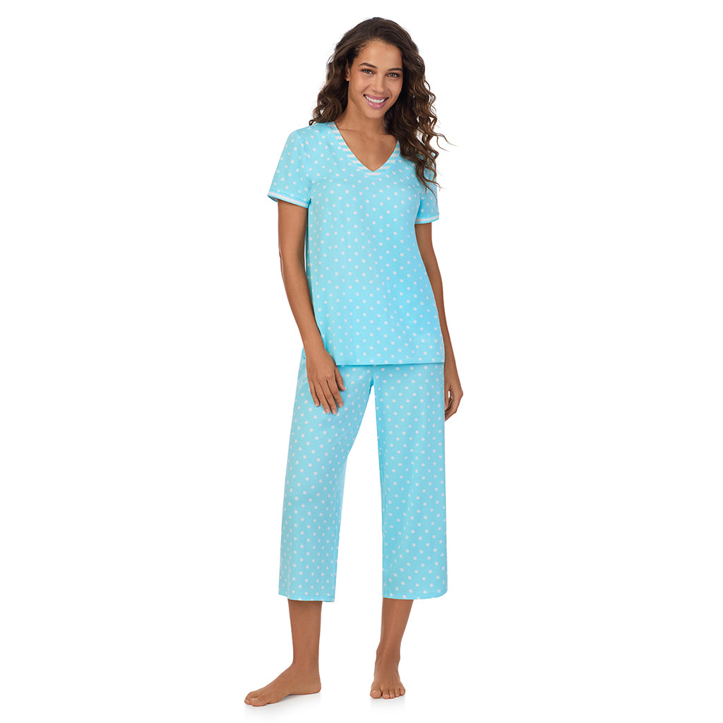 Aqua Dots; Model is wearing size S. She is 5’9”, Bust 34”, Waist 23”, Hips 35”. @A lady wearing Cotton-Blend Short Sleeve Top with Cropped Pant 2-Pc Pajama Set