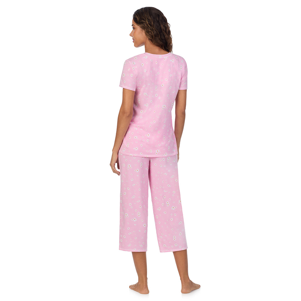 Pink Daisy; Model is wearing size S. She is 5’9”, Bust 34”, Waist 23”, Hips 35”. @A lady wearing Cotton-Blend Short Sleeve Top with Cropped Pant 2-Pc Pajama Set