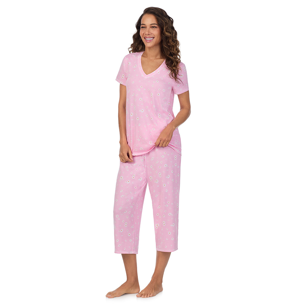 Pink Daisy; Model is wearing size S. She is 5’9”, Bust 34”, Waist 23”, Hips 35”. @A lady wearing Cotton-Blend Short Sleeve Top with Cropped Pant 2-Pc Pajama Set
