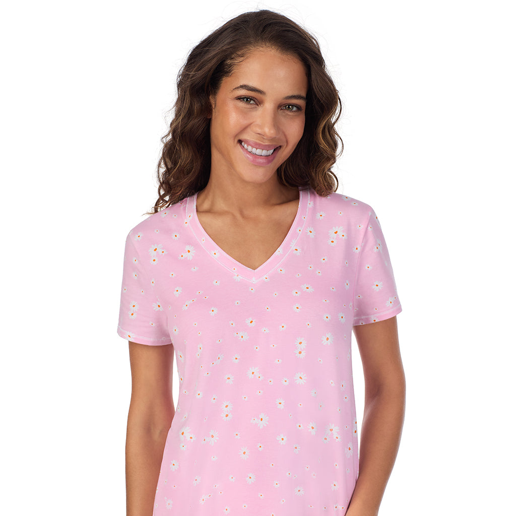 Pink Daisy; Model is wearing size S. She is 5’9”, Bust 34”, Waist 23”, Hips 35”. @A lady wearing Cotton-Blend Short Sleeve Top with Cropped Pant 2-Pc Pajama Set