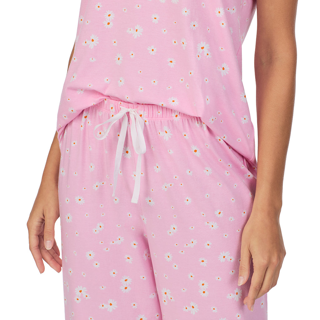Pink Daisy; Model is wearing size S. She is 5’9”, Bust 34”, Waist 23”, Hips 35”. @A lady wearing Cotton-Blend Short Sleeve Top with Cropped Pant 2-Pc Pajama Set